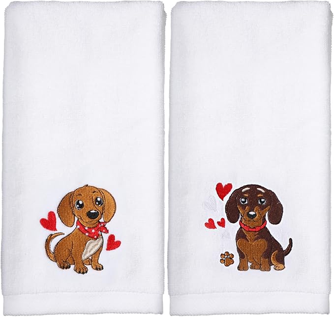 2 Pack Dog Hand Towels for Dog Lovers Gift Dachshund Kitchen Towels Bathroom 14 x 29 in 100% Cotton Embroidered White Christmas Bath Set with Hearts Funny Holiday Dish Tea Decor