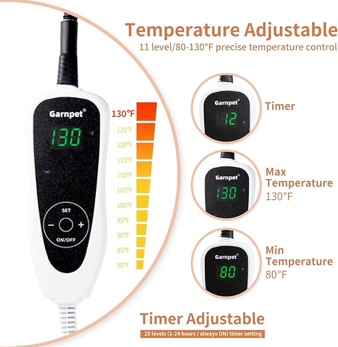 Cat Heating Pad, Heated Cat Bed Indoor, Heated Dog Bed with Steel-Wrapped Cord, 25-Level Timer & 11-Level Adjustable Temperature Pet Heating Pad, 18x18 Inch