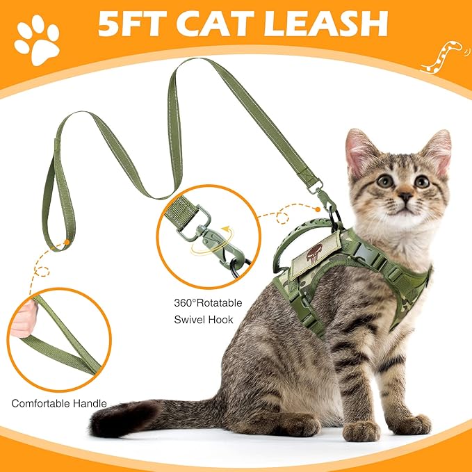 Tactical Cat Harness and Leash Set for Walking Escape Proof, Adjustable Large Cat Vest Harness with Molle Patches, Soft Mesh Padding, Rubber Handle Easy to Control