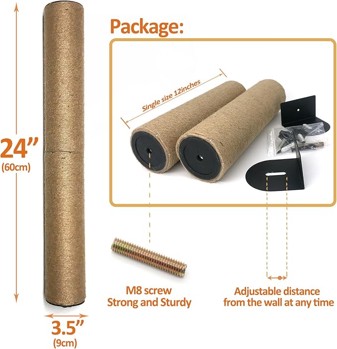 Cat Scratching Post Wall Mounted, 24 inch Tall 3.5 inch Diameter Cat Tree Scratch Post, Hemp Rope Scratcher Posts for Indoor Kittens and Large Cats with Screws