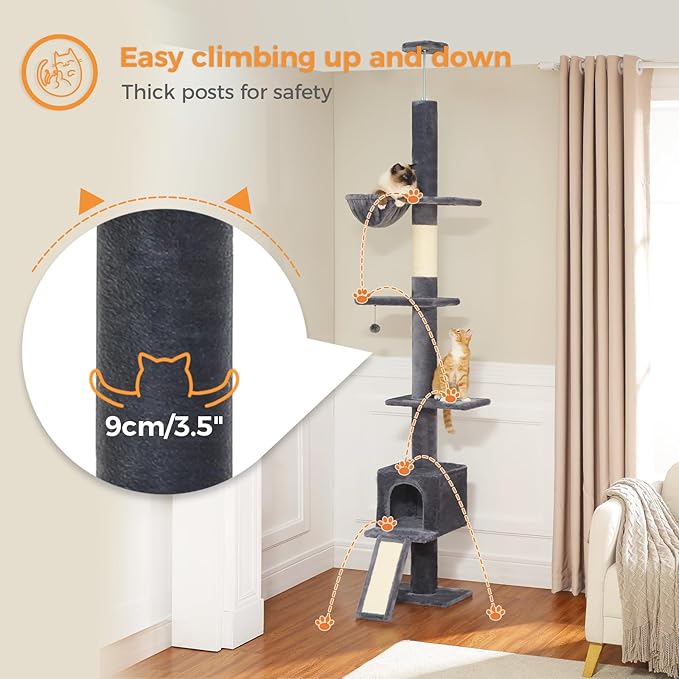 PETEPELA Floor to Ceiling Cat Tree, Cat Tower 5 Tiers Tall (83-108 Inches) Adjustable Height, Cat Climbing Tree Featuring with Cat Condo, Cat Scratching Post and Cat Perches for Indoor Cats, Daek Grey