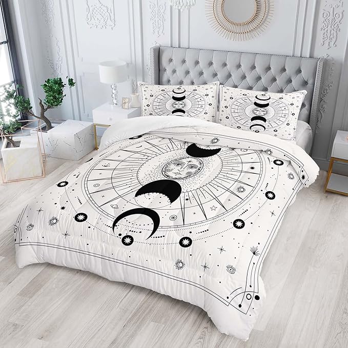 AILONEN Sun and Moon Comforter Set for Teens Boys Kids Girls, Galaxy Astrology Bedding Set Full Size,Bohemian Sun Moon Quilted Duvet,Galaxy Quilt,1 Comforter 2 Pillowcases 3 Piece