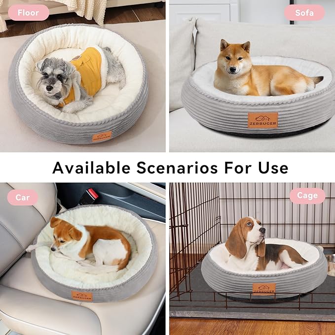 30in Round Cat Dog Bed for Large Medium Small Dogs Cats, Machine Washable Sleeping Sofa, Non-Slip Bottom Breathable Soft Calming Pet Cuddler for Indoor/Outdoor/Car/Cage, Light Grey