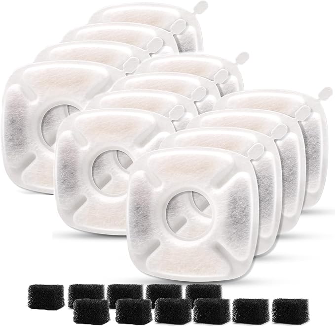 8/16Pcs Pet Fountain Filters Replacement Compatible with Veken 95Oz/2.8L Dog Water Fountain, Cat Water Fountain Filters (12 Carbon filters+12 Sponge filters)