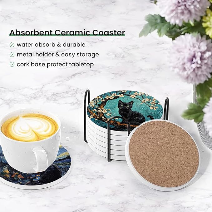 6 Pcs Black Cat and Van Gogh Art Coasters for Drinks,Round Absorbent Ceramic Coaster with Metal Holder, Starry Night Sunflower Irises Flower Cat Coaster with Cork Base for Coffee Party Gifts