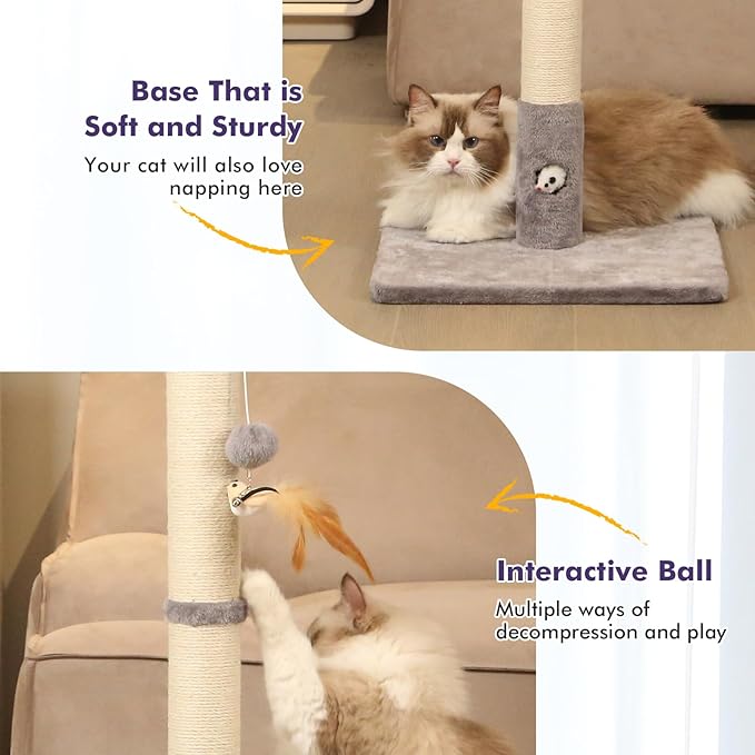 Cat Scratching Post with Premium Sisal Rope for Indoor 34in Tall Scratcher Post Tree with Mouse Hole, Hanging Ball for Adult Cats and Kittens