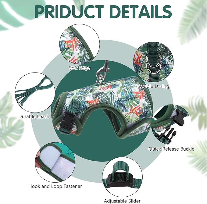 BINGPET Cat Harness and Leash Set Escape Proof for Walking,Step-in Harness with Lightweight Soft Breathable Mesh,Adjustable Easy Control Harness (Emerald Hues, M(Chest:10.5-13.5"))