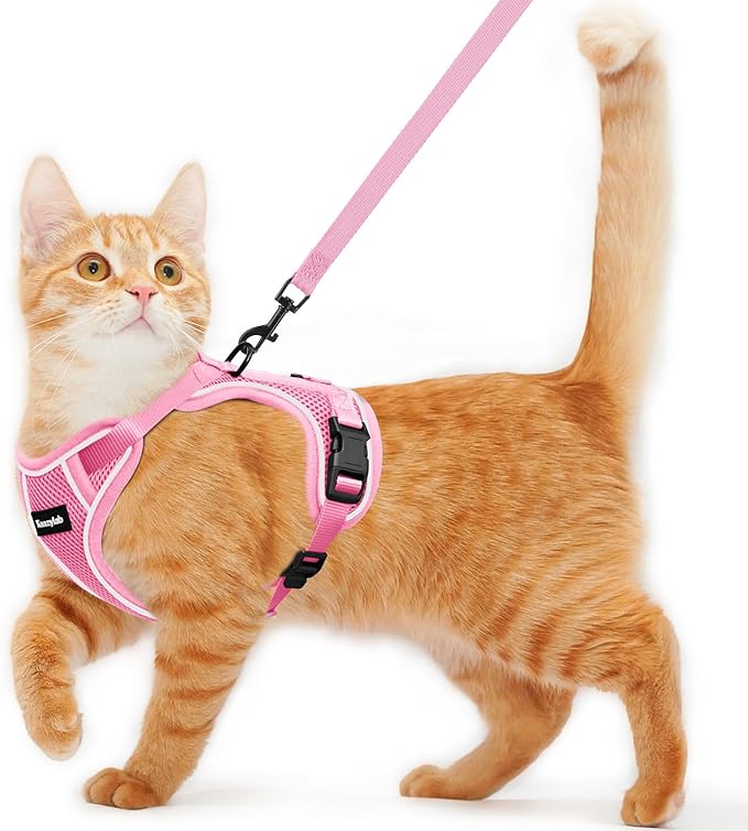 Cat Harness and Leash for Walking Escape Proof Soft Adjustable Cat Leash Breathable Comfortable Vest Easy to Wear Kitten Harness for Outdoor Travel Pink XS