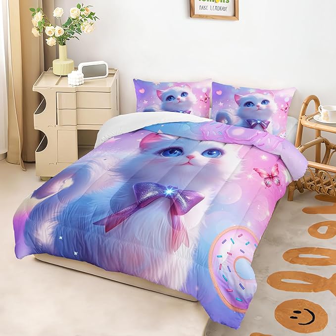 AILONEN Kids Cat Comforter Set Twin Size,Kawaii Kitten Comforter for Girls,Colorful Rainbow Cat Bedding Set 3 Pieces,1 Comforter with 2 Pillowcases