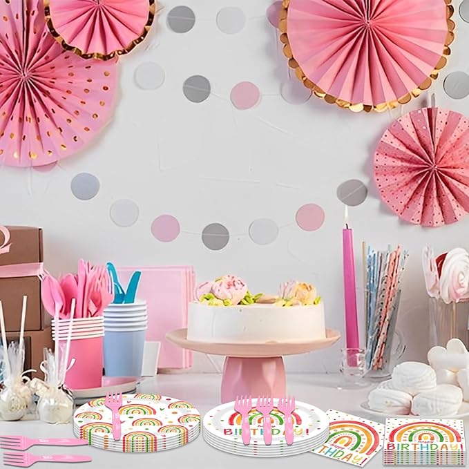 48Pcs Rainbow Birthday Decorations Colorful Boho Rainbow Tableware Set Disposable Plates Napkins Forks Serves 16 Bohemian Retro Rainbow Happy Birthday Party Decorations