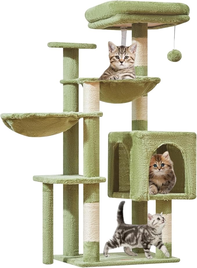 Taoqimiao Cat Tree, 39.4-Inch Cat Tower for Indoor Cats,Suitable for Kittens,Plush Cat Condo with 5 Scratching Posts, Plush Perch,2 Hammock,Pompoms, MS019GR Green
