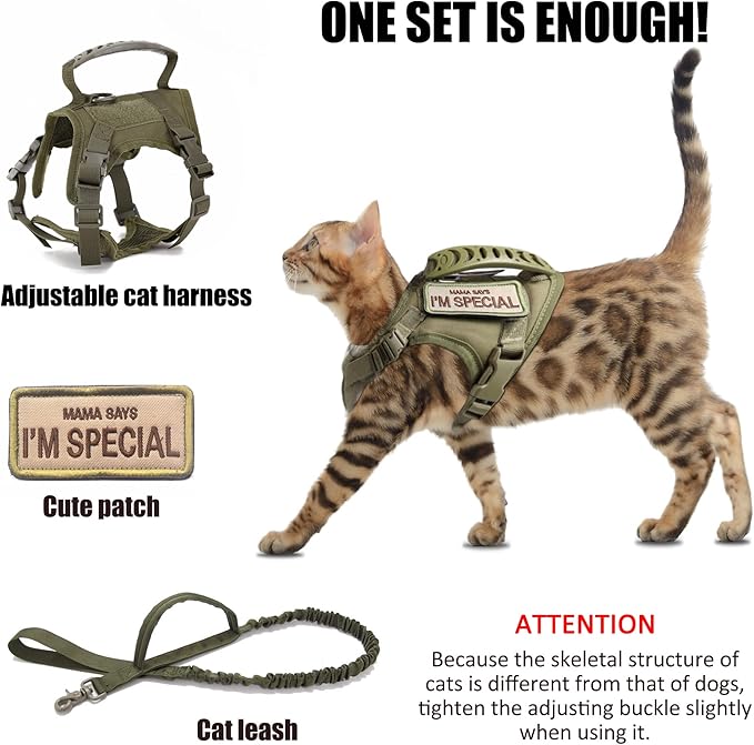 Tactical Cat Harness for Walking Escape Proof, Adjustable Pet Vest Harness, Soft Mesh with Control Handle for Large Cat Small Dog, Gift with Patch