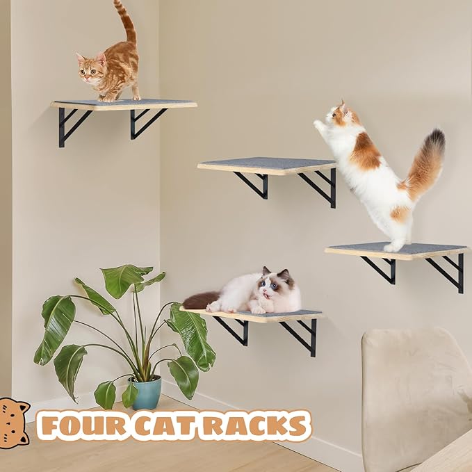 Cat Wall Shelves Set of 4, Wood Cat Shelves for Wall, Cat Wall Bed Hammock with Scratching Pad, Cat Climbing Shelf for Sleeping Playing, Cat Window Perch for Big Cats, Burlywood Cat Furniture Indoor