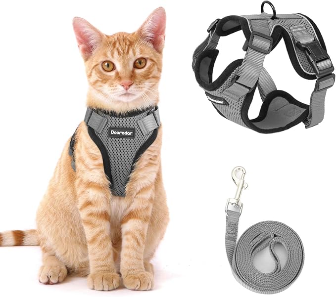 Dooradar Cat Harness and Leash Set, Escape Proof Safe Adjustable Kitten Vest Harnesses for Walking, Easy Control Soft Breathable Mesh Jacket with Reflective Strips for Cats, Grey, XS
