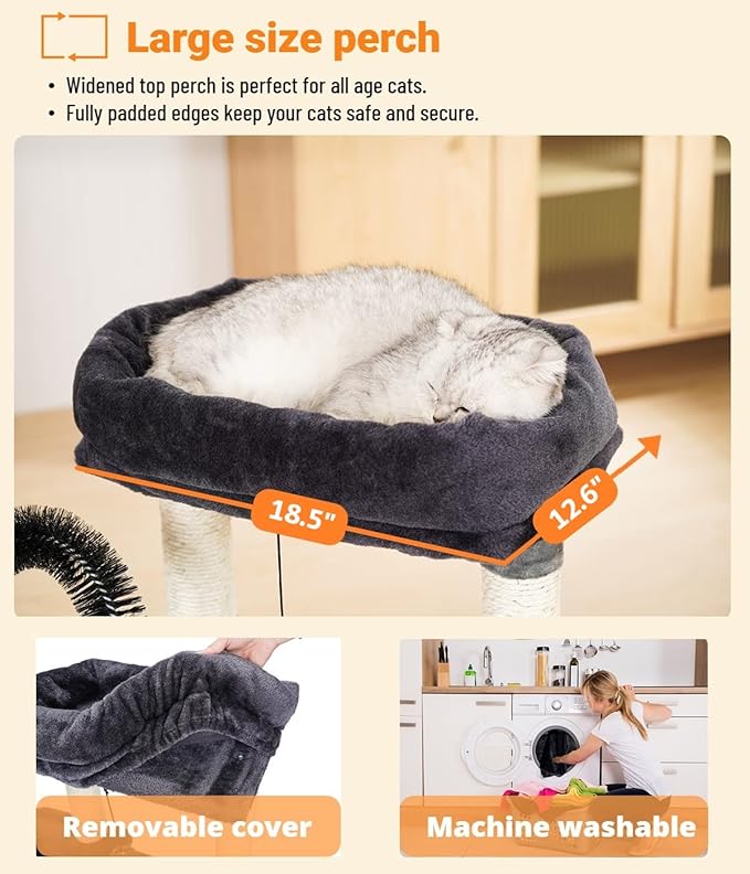 Happi N Pets Cat Tree Tower for Indoor Cats, Multi-Level Cat Tree with Scratching Posts & Pads, Cozy Cat Perch, Cat Self Groomer and Interactive Toys, Featuring with Large Cat Cave, Smokey Gray