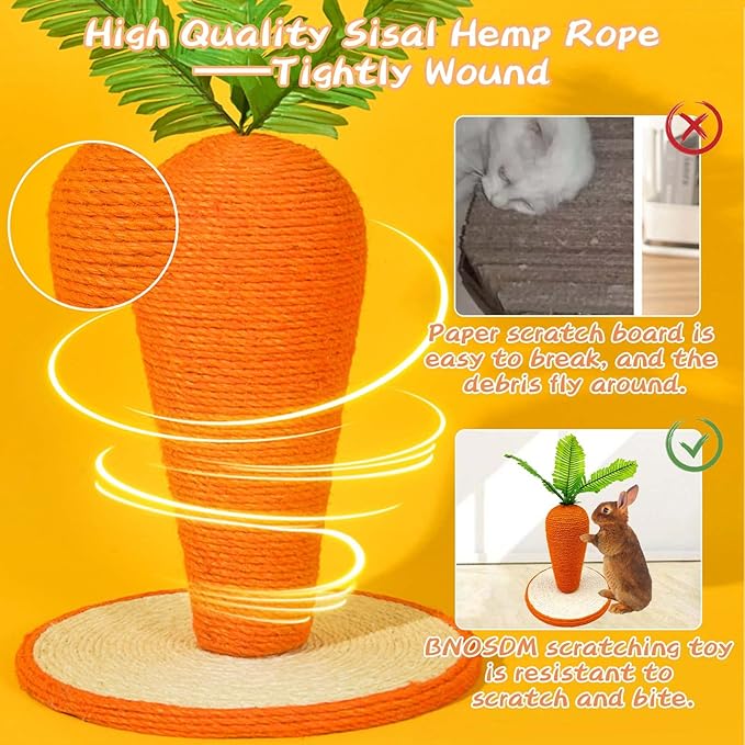 BNOSDM Rabbit Scratch Toy, Sisal Bunny Scratcher Cute Carrot Scratching Post for Indoor Rabbits Kittens Ferrets Chinchillas Small Animals