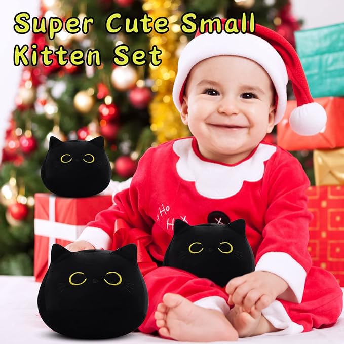 3Pcs Black Cat Plush Toy, Cute Mini Black Cats Stuffed Animals Kawaii Plush Cat Plushie, Soft Small Cat Pillow Stuffed Black Cats Toy for Kids Birthday Home Decoration