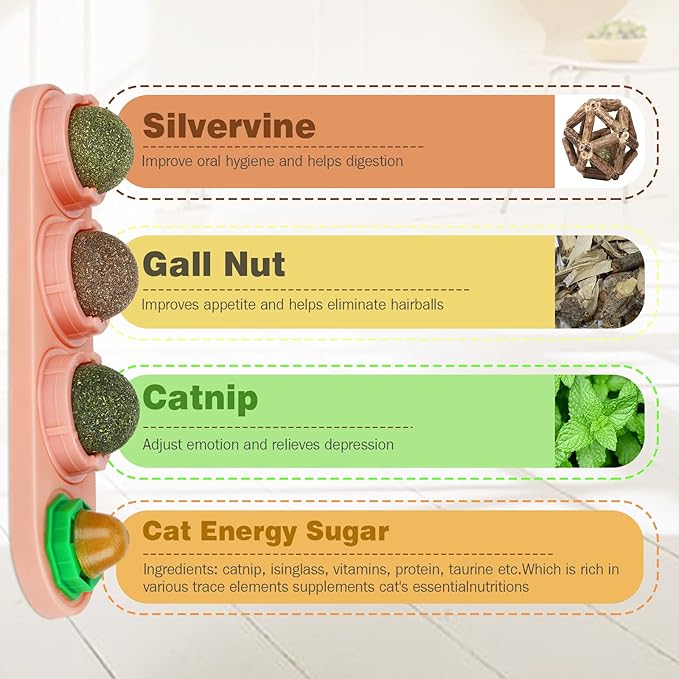 4 Pack Catnip Balls, Catnip Ball for Cats Wall, Edible Kitty Toys for Cats Lick, Safe Healthy Kitten Chew Toys, Teeth Cleaning Dental Cat Toys, Cat Wall Treats (Pink)