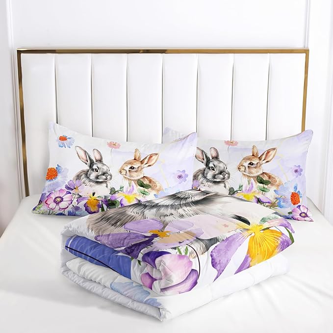 AILONEN Watercolor Rabbit Comforter Set Full Size, Wild Flowers Rabbit Themed Microfiber Soft Bedding Set,3-Piece Tie Dye Rabbit Printed Home Decorative Comforter with 2 Pillowcases