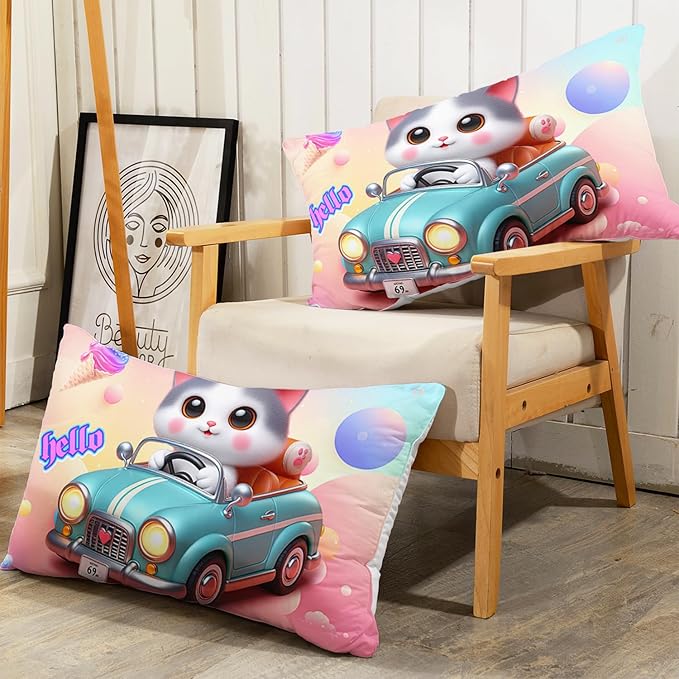 AILONEN Cute Cartoon Cat Comforter Set Twin Size for Kids Girls,Cat Racer Kawaii Rainbow Bedding Set,Funny Cat Kitten Comforter with 2 Pillowcases,3 Pieces for Bedroom