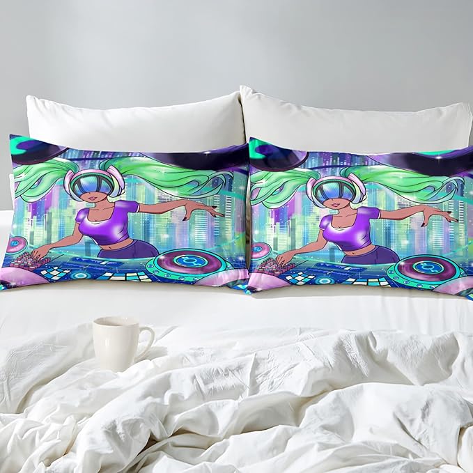 African American Comforter Sets for Girls, Full Size Comforter Set for Girls with Cool DJ Girl Pattern Soft Microfiber 3 Piece Quilt Set Green Pretty Girl Bedding Comforter Set with 2 Pillowcases