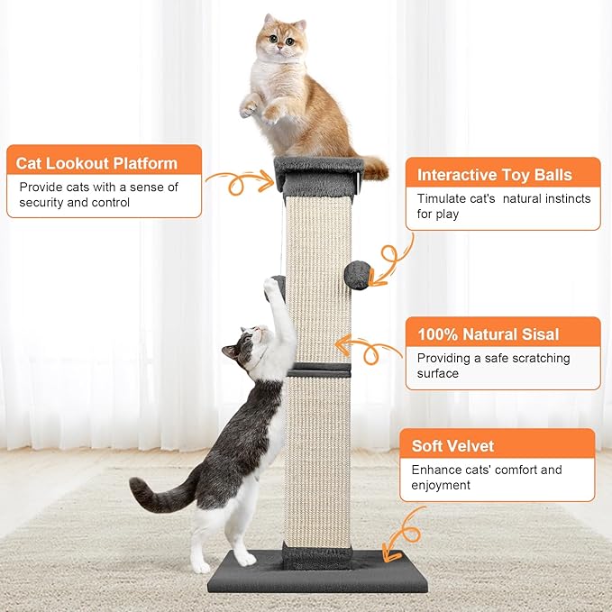 Cat Scratching Post 33 Inch Nature Sisal Cat Scratch Post for Indoor Cats, Large Cat Scratcher Protect Your Furniture, for All Breeds Grey