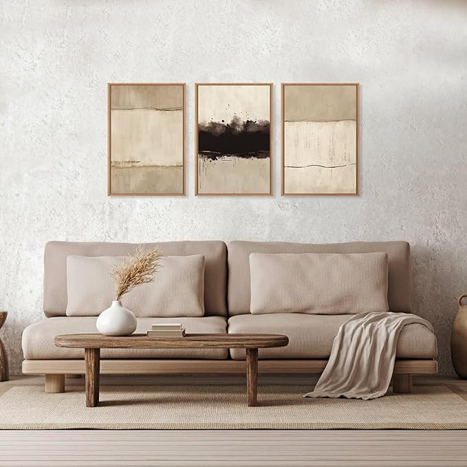 Ausril Large Neutral Textured Framed Canvas Wall Art Set, Minimalist Beige Shapes Wall Decor, Abstract Grunge Landscape Wall Painting, Modern Textured Art Prints for Living Room, Bedroom 16"x24"x3