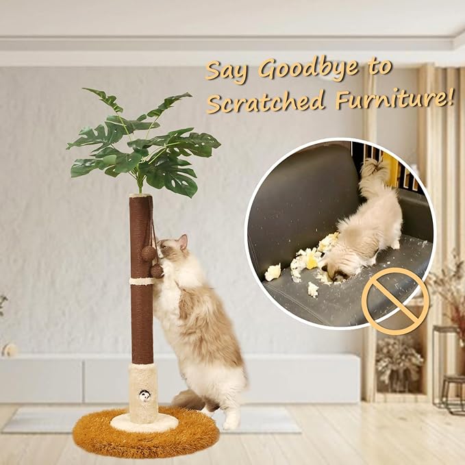 Cat Scratching Posts Cat Trees 35.43" Tall with Sisal Rope Cat Toy and Hanging Ball for Indoor,Wooden Palm Tree Cat Scratch Pole for All Cat (Brown)