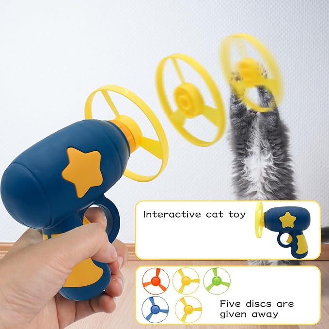 Andiker Cat Fetch Toy, Interactive Cat Flying Disc Launcher Toy with 5 Colorful Flying Propellers for Cat Enrichment, Flying Saucer Toy for Cat for Training and Chasing (Navy Blue)