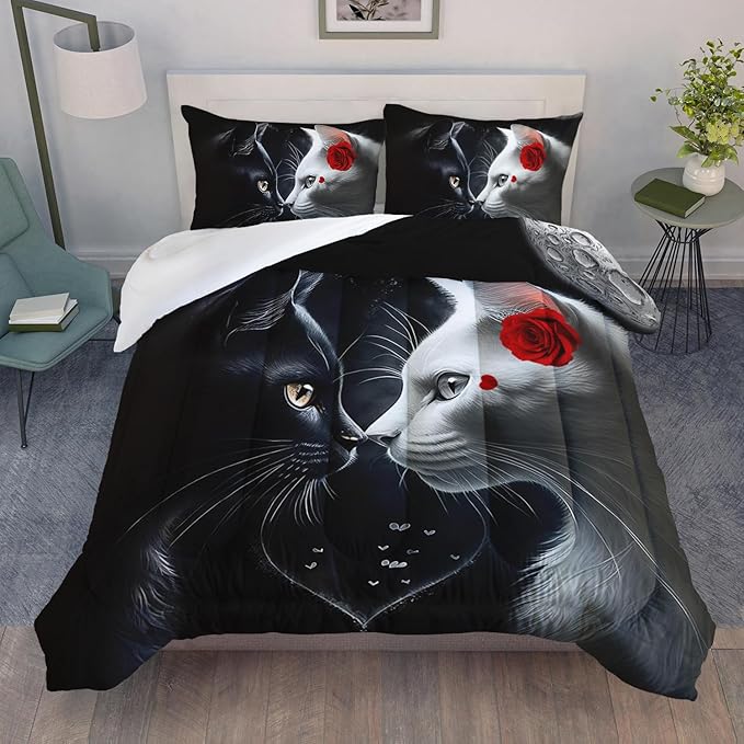 AILONEN Rose Cat Comforter Set Queen Size, Black & White Cat Couple Bedding Set for Kids Boys,Valentine Room Decor Romantic Duvet Set 3 Pieces, 1 Quilt and 2 Pillowcases