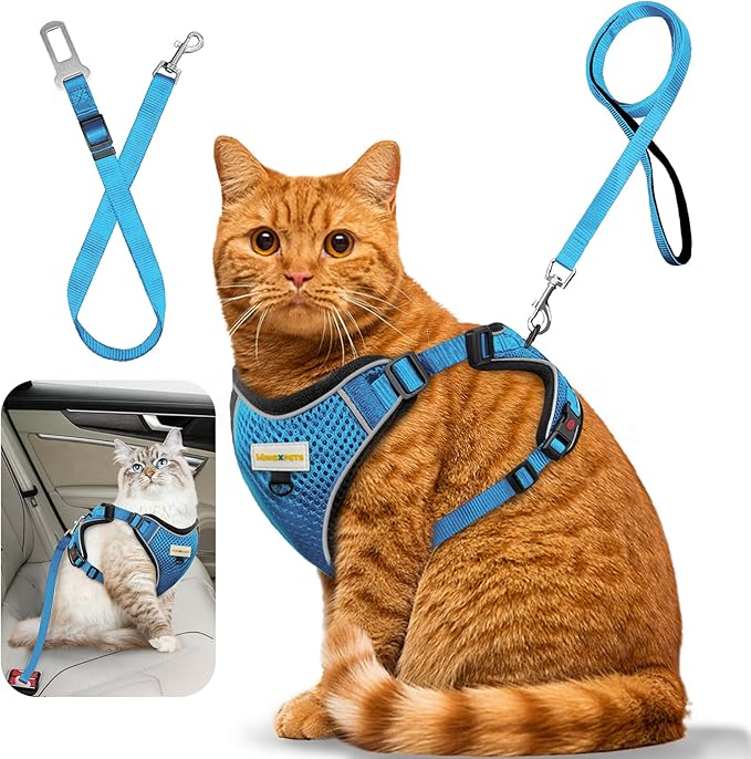 Cat Harness and Leash for Walking, Retractable Cat Harnesses and Leash Set Escape Proof, Breathable Soft Kitten Harness Small Large Cat Harness for Travel Training and Walking, Blue, XXS
