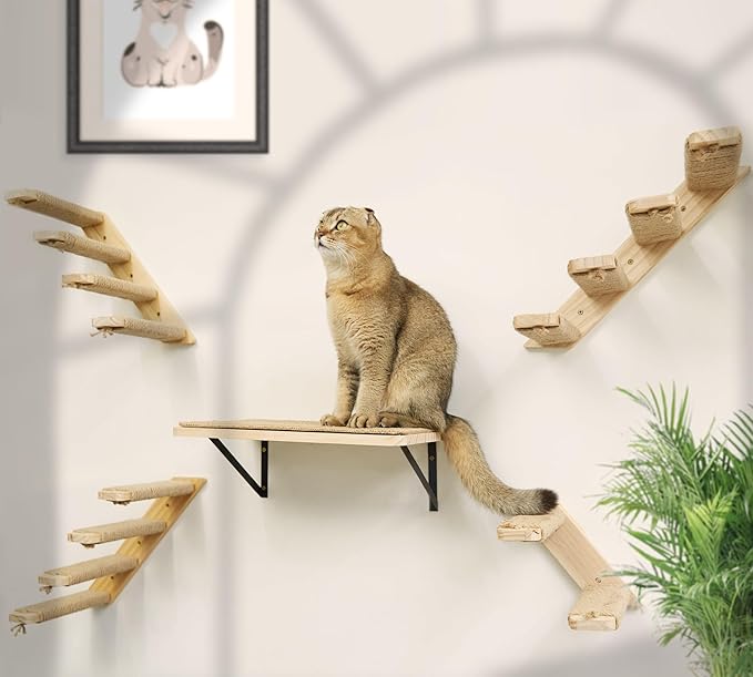 Cat Climbing Stair Shelf Wall Mounted Reversible Left & Right Direction, Cat Stairway Shelf for Climbing with Sisal Rope Ladder Cat Wall Furniture