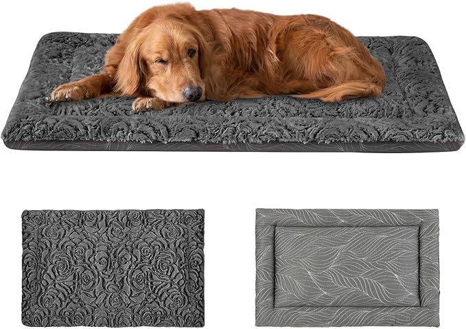Pawzone 2 in 1 Dog Beds Mat Crate Pad & Dog Cooling Mats Washable Reversible Soft Fluffy Pet Kennel Beds for Large Medium Small Puppy Cat Sleeping Mattress Machine Wash, Grey