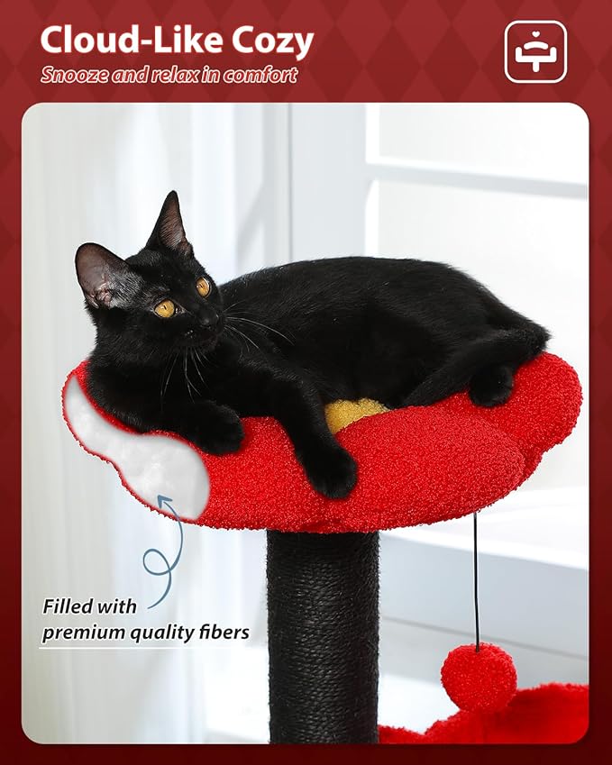 Flower Cat Tree with Black Scratching Posts, 35" Gothic Cat Tower with Large Metal Frame Hammock for Small Indoor Cats, Coffin Cat Condo with Cute Perch for Kittens Halloween, Black