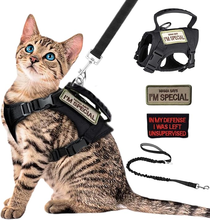 Tactical Cat Harness and Leash Soft Mesh Cat Outdoor Walking Vest Adjustable Large Cat Vest with Rubber Handle Easy to Control for Large Cat, Puppy, and Small Dog (Black)