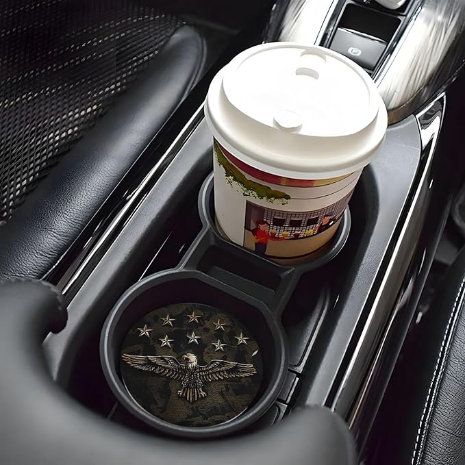 Absorbent Ceramic Car Coasters for Cup Holders, Camo Bald Eagle Design 2.56" Anti Slip Universal Drink Cup Coasters for Women Men (2 Pack)