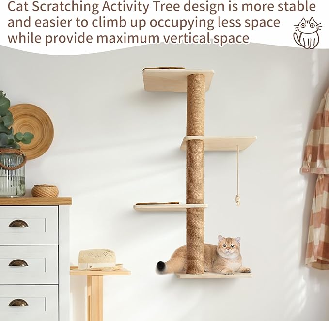 Cat Scratching Activity Tree Cat Climbing Tall, Wall Mounted Cat Climbing Tower 4 Tier, Natural Sisal Rope Cat Scratching Post