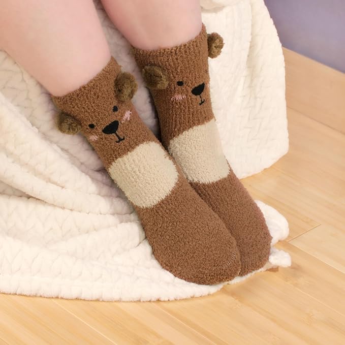 BambooMN Super Soft Warm Cute Furry Animal Non-Slip Fuzzy Cozy Fluffly Crew Winter Home Socks, Value Pack
