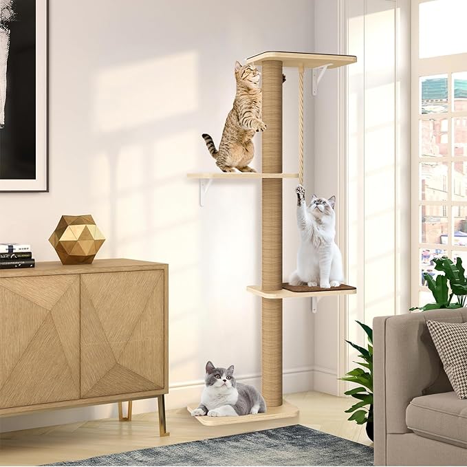 Cat Tree Wall Mounted 4 Tier at Climbing Wall Shelves with Scratcher Post for Indoor Cats Activity, Large Cat Wall Furniture with Cat Pads and Rope
