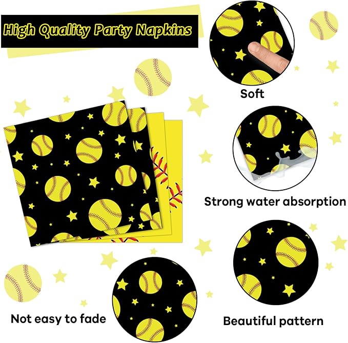 96Pcs Softball Birthday Party Supplies: 24 Servings - Black & Yellow Softball Tableware Set - Plates, Napkins, Forks - Sports Theme Party Kit