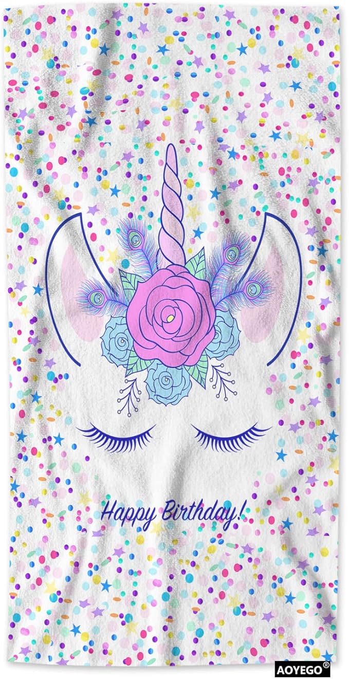 AOYEGO Animal Unicorn Hand Towel Floral Feather Happy Birthday Blessed Quote Hand Drawn Star Dots Towels Cotton Face Towel Bath Kitchen Decor Set for Women Men Girls Boys 15x30 Inch