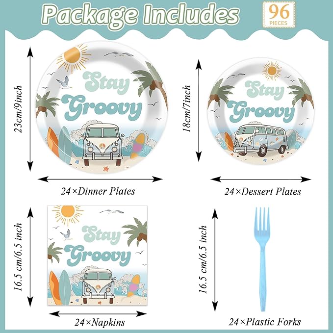 96PCS Summer Beach Party Party Supplies Tableware Set Surfing Hippie Groovy Birthday Party Disposable Dinnerware Plates Napkins Forks for Summer Beach Birthday Baby Shower Decorations for 24 Guests