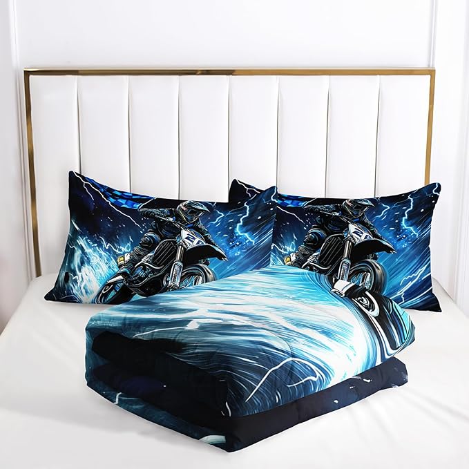 AILONEN Boys Extreme Sport Dirt Bike Bedding Set Twin Size, 3-Piece Blue Black Speed Motocross Comforter with 2 Pillowcases for Kids Men