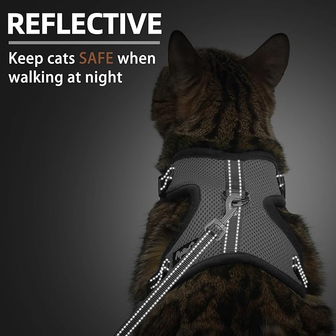 PUPTECK Cat Harness and Leash Set Escape Proof, Reflective Adjustable Soft Mesh Kitten Vest Harness for Walking Travel, Grey, M