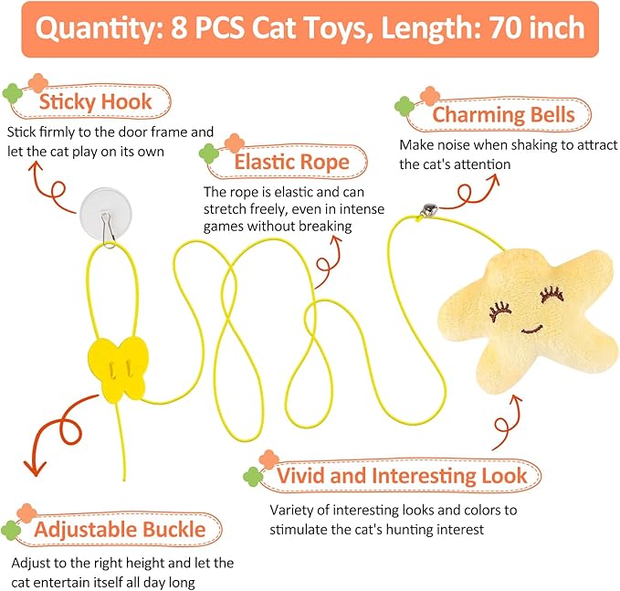 8PC Interactive Cat Toy Cat Feather Toy, Hanging Cat Toy Cat Door Toy Retractable Cat Teaser Hunting Toy, Door Hanging Kitten Mouse Toy Door Frame Hanger for Indoor Cat Mental Physical Play