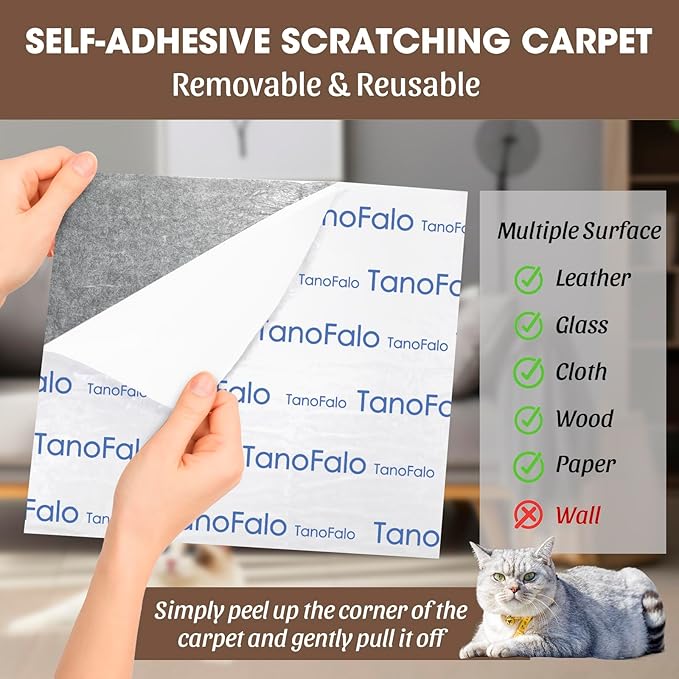 Cat Scratching Mat, 100"x16" Self-Adhesive Carpet Mat Trimmable Replacement for Cat Tree, Cat Wall Shelves, Cat Scratching Post, TanoFalo DIY Couch Furniture Protector (Brown)