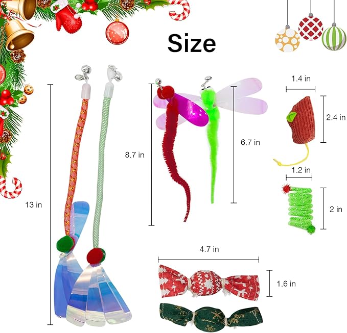 8 Pcs Christmas Cat Toy Box for Cats, Including 2 Cat Wand Refills, 2 Catnip Kicker Toys Red/Green, 1 Cat Mouse Toy, 1 Cat Spring Toy, 2 Worm Cat Teaser Toys for Indoor Cats