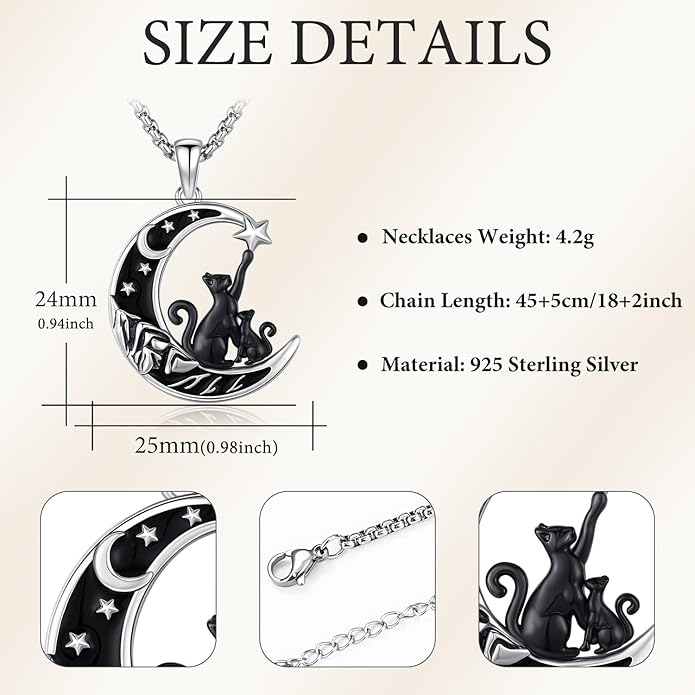 Aniu S925 Sterling Silver Cat Necklace for Women - Moon Pendant Jewelry, Gifts for Cat Lovers