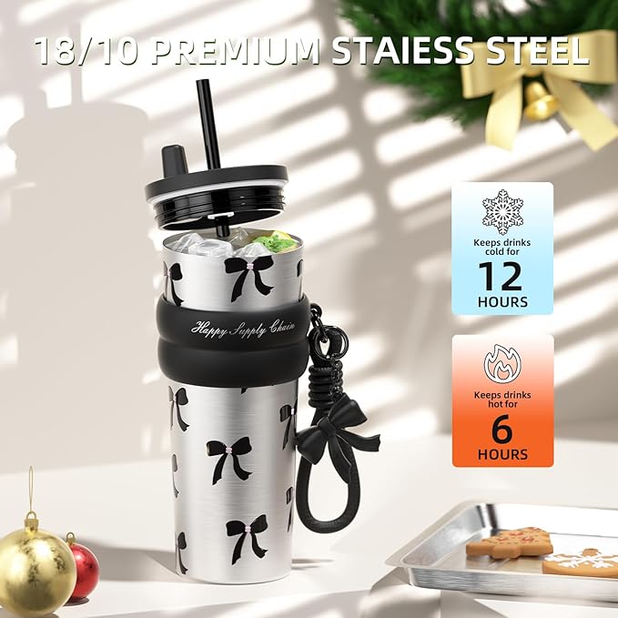 24 OZ Stainless Steel Vacuum Tumbler with Lid and Straw, Iced Insulated Water Bottle Leak Proof, Portable Travel Coffee Mug, Reusable Double Wall Vacuum Thermal Cup for Women