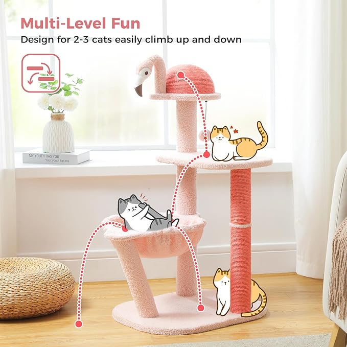 PETEPELA 34.2'' Cat Scracthcing Post, Tall Cat Scratcher with Large Cat Hammock [Dia=30CM], Flamingos Natural Sisal Cat Scratch Post, Pink Small Cat Tree Tower for Indoor Cats&Kittens